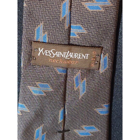 Yves Saint Laurent Silk Brown & Blue Geometric Patterned Tie - Picture 2 of 15